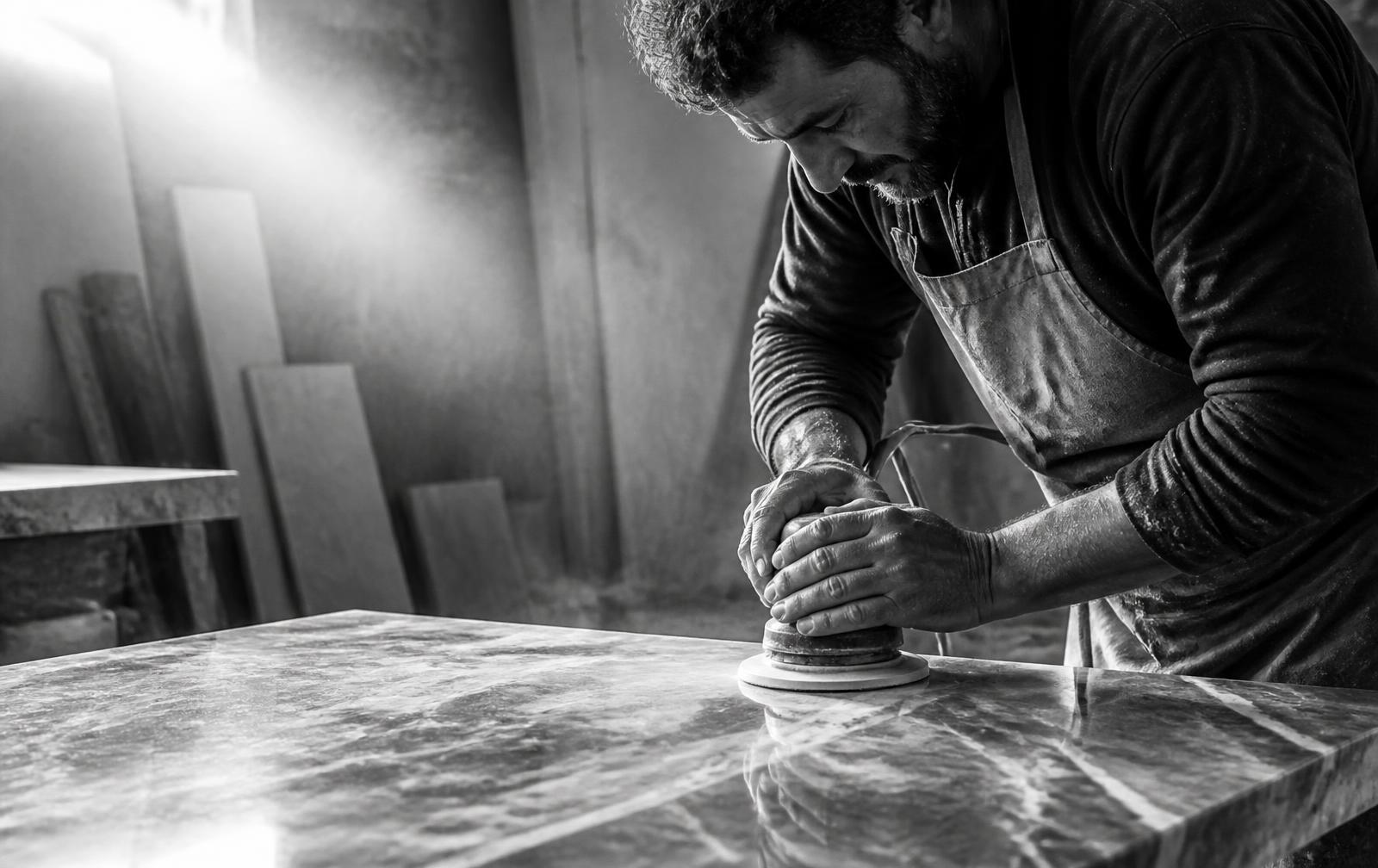 Craftsman hand-polishing a marble slab