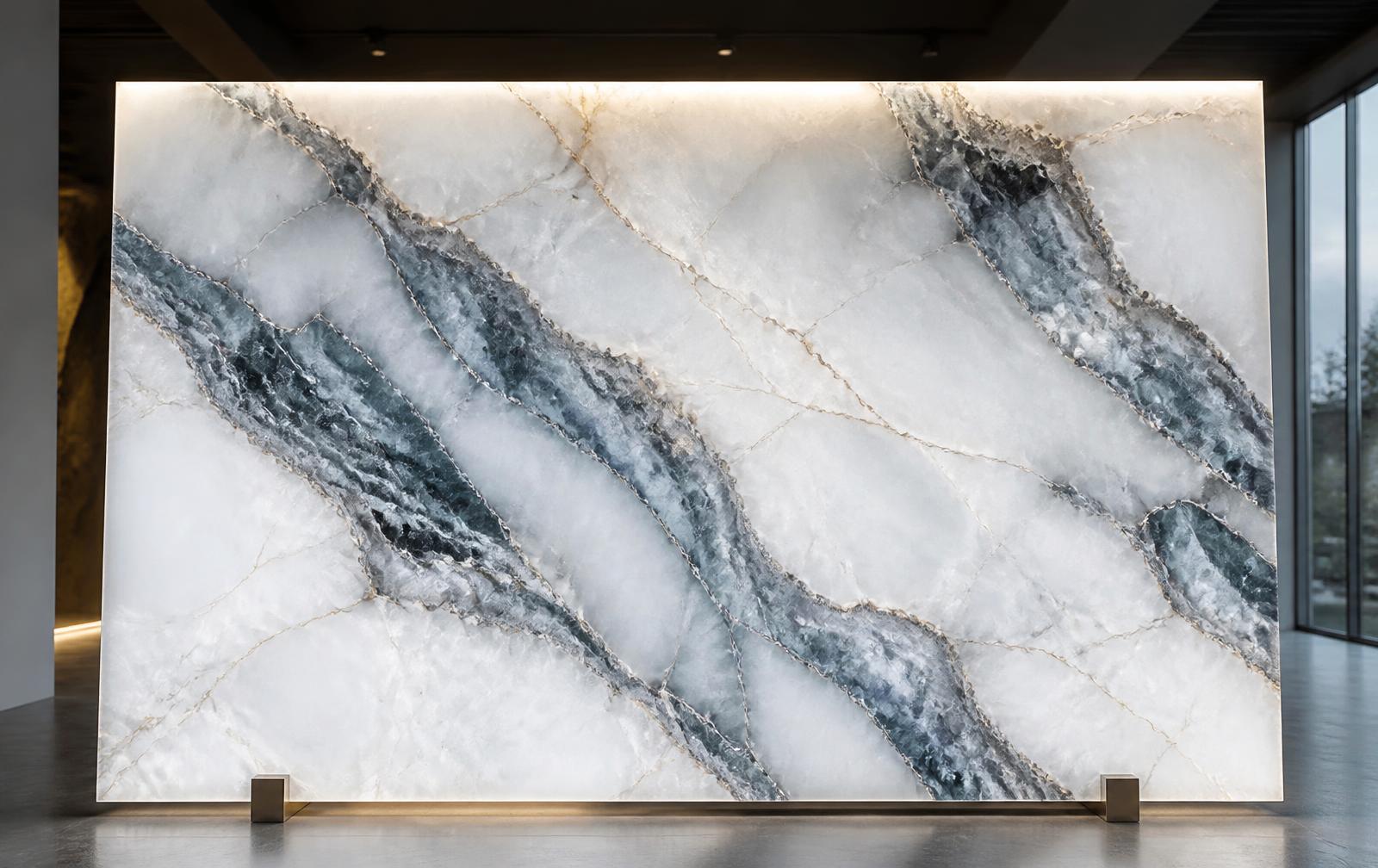 Backlit white quartzite slab in a showroom