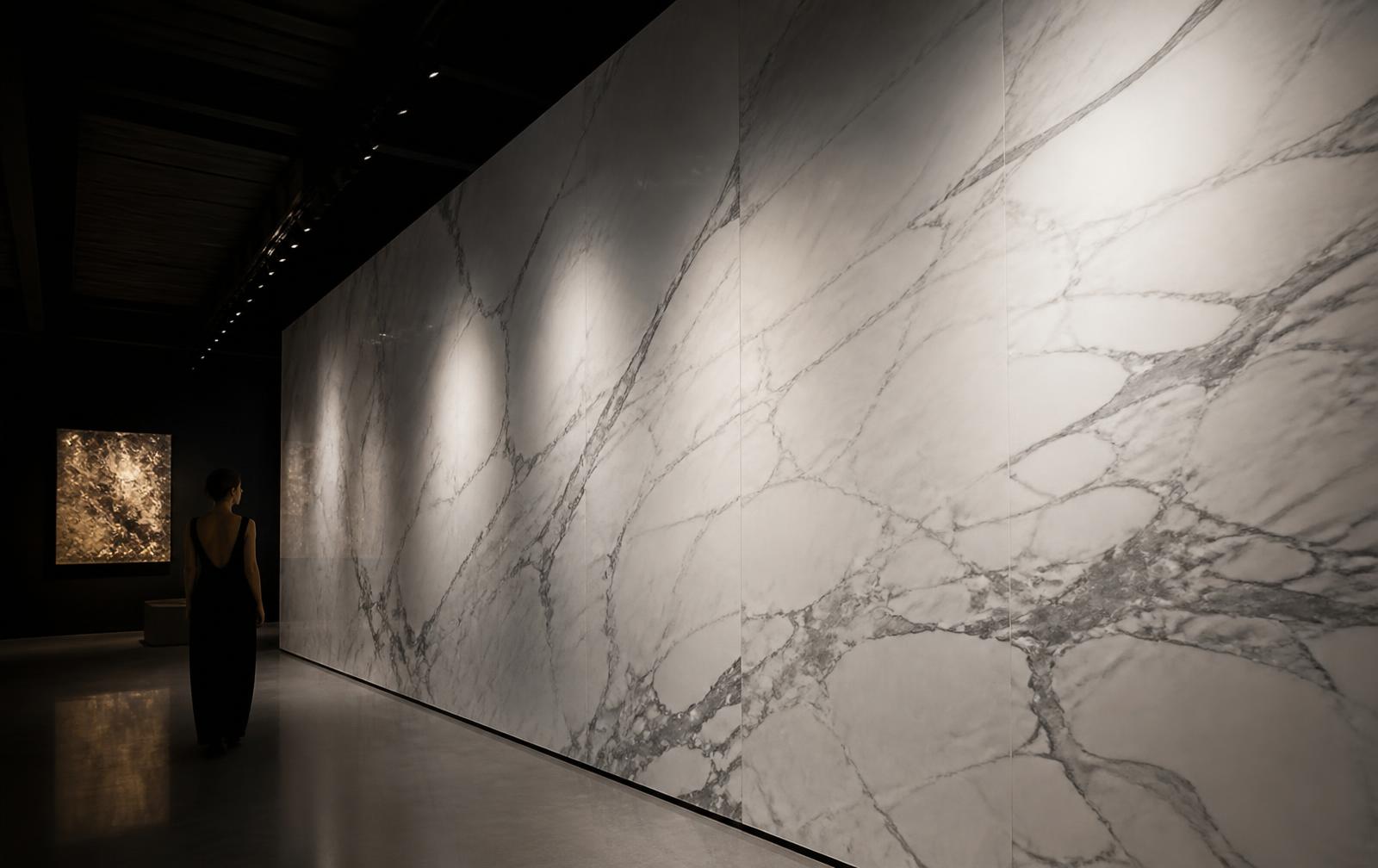 Backlit marble slab wall in a dark gallery