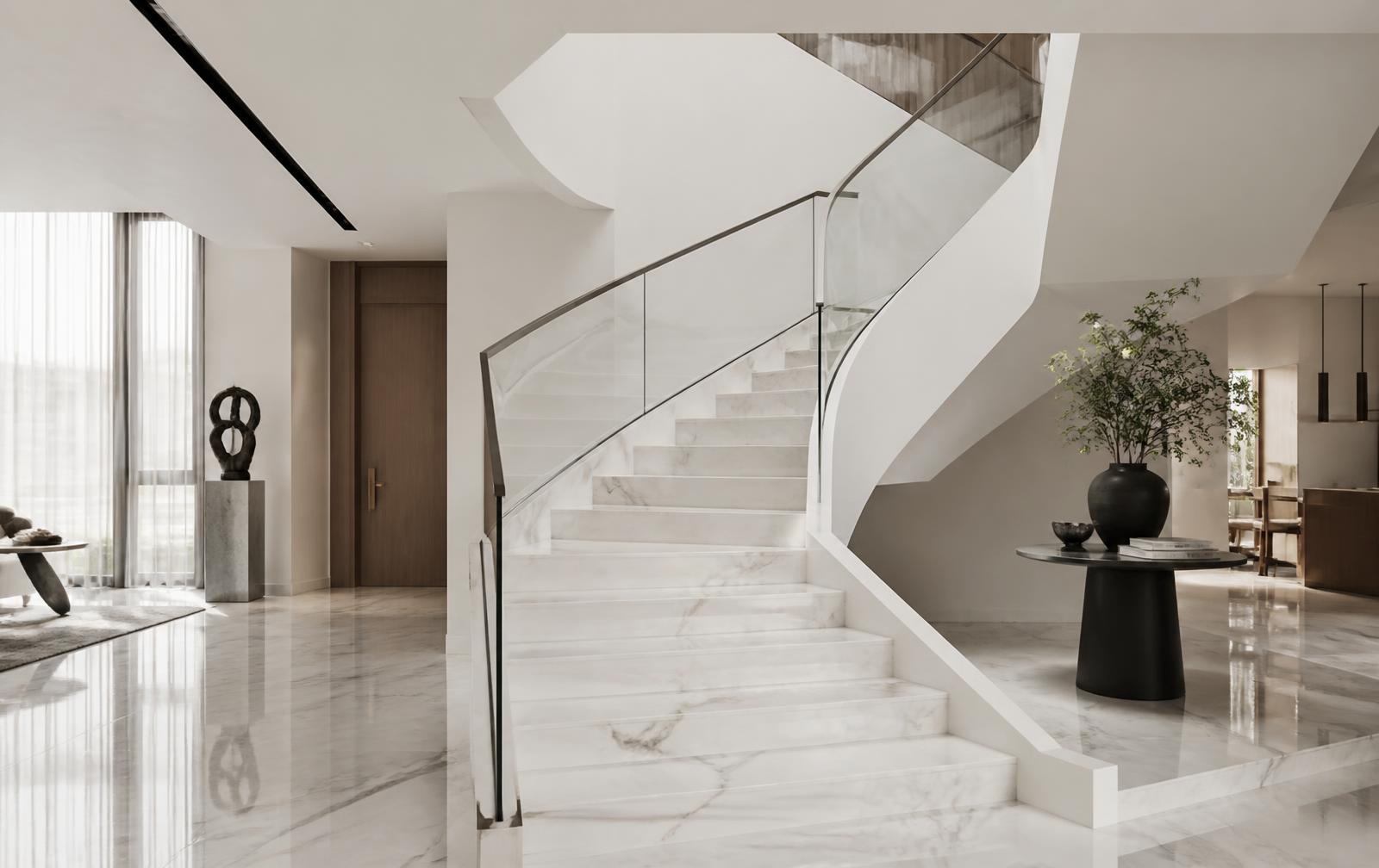 Marble staircase in a minimal luxury interior